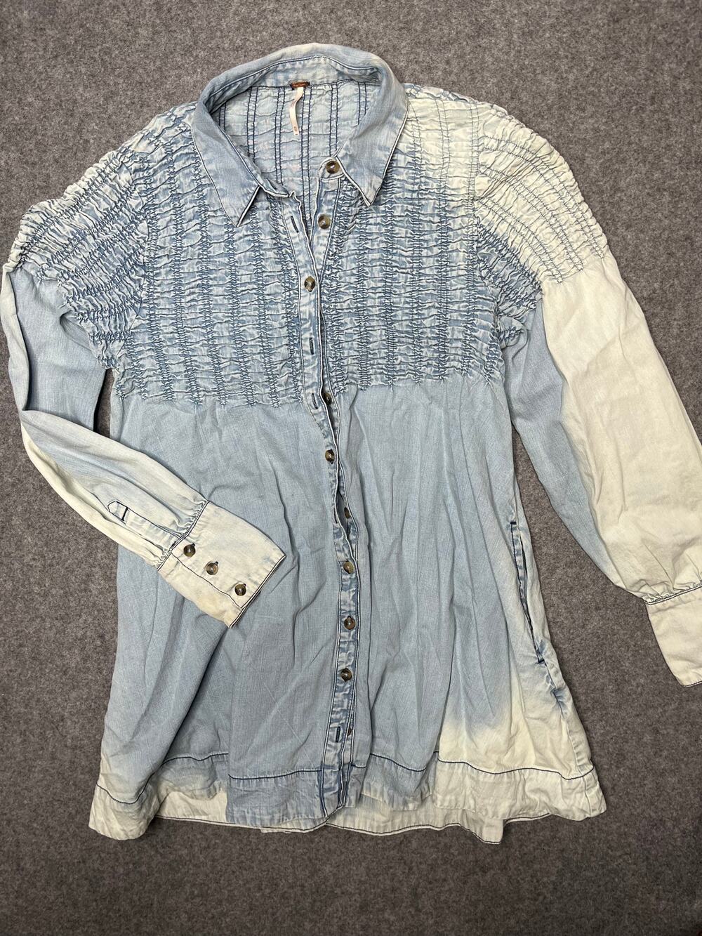 Free People Smocked Bleached Denim Find Me Now Mini Dress Long Sleeve Buttons XS